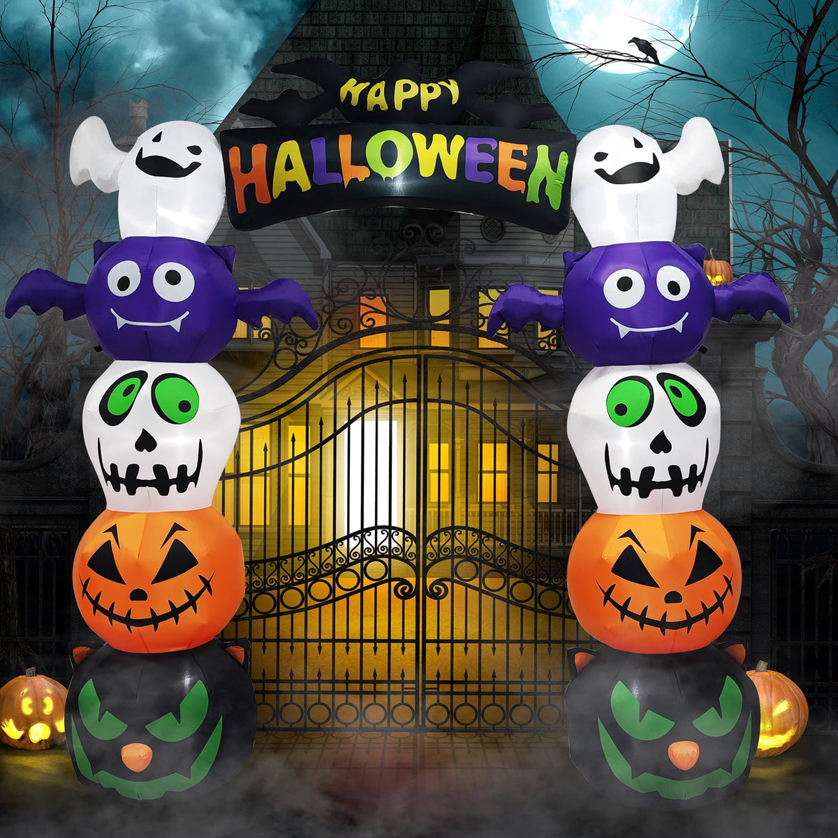 UBesGoo 8.2' Halloween Inflatables Pumpkin Ghost Archway , Blow up Hallowee Decorations with Built-in LED Lights for Holiday