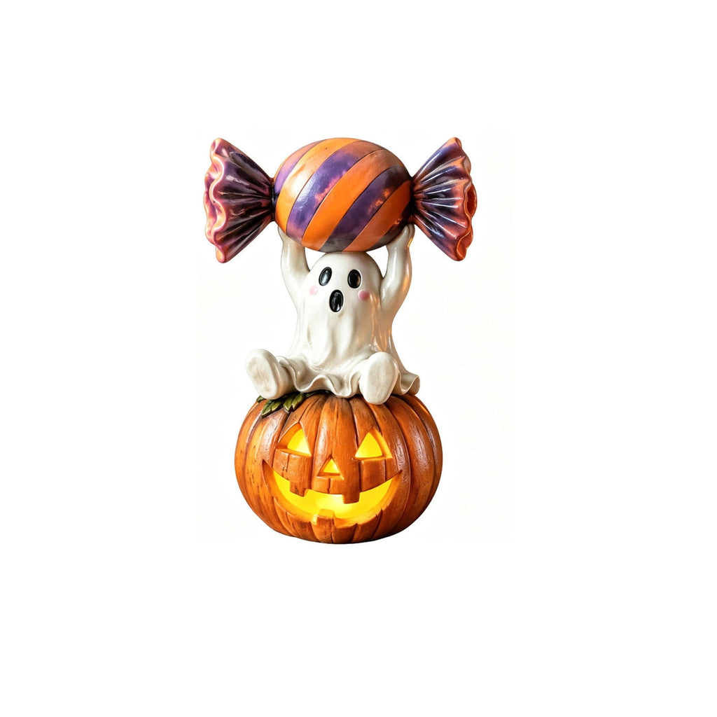 Halloween Ghost Figurine, Ghost Girl with Pink Bow & Hot Drink, Funny Ghost Statue Halloween Decor for Gift, Cute Spooky Tabletop Ornament for Home, Mantle, Desk & Party Decoration