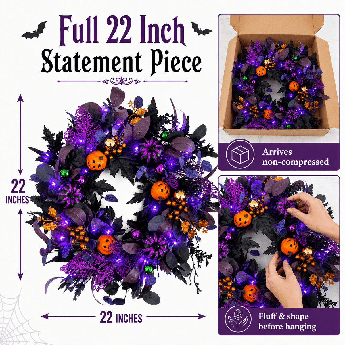 SLUMLOVE 22 in Lighted Halloween Wreath, Black and Purple Pumpkin Door Decor for Front Door, Porch, Wall, Indoor and Covered Outdoor