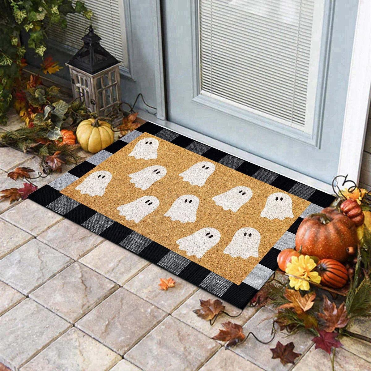 Halloween Ghost Coir Doormat, 17x30 Inch Outdoor Front Door Mat with Cute Ghost Design, Non Backing for Porch Entryway, Fall Welcome Floor Mat for Home Entrance (Coffee)