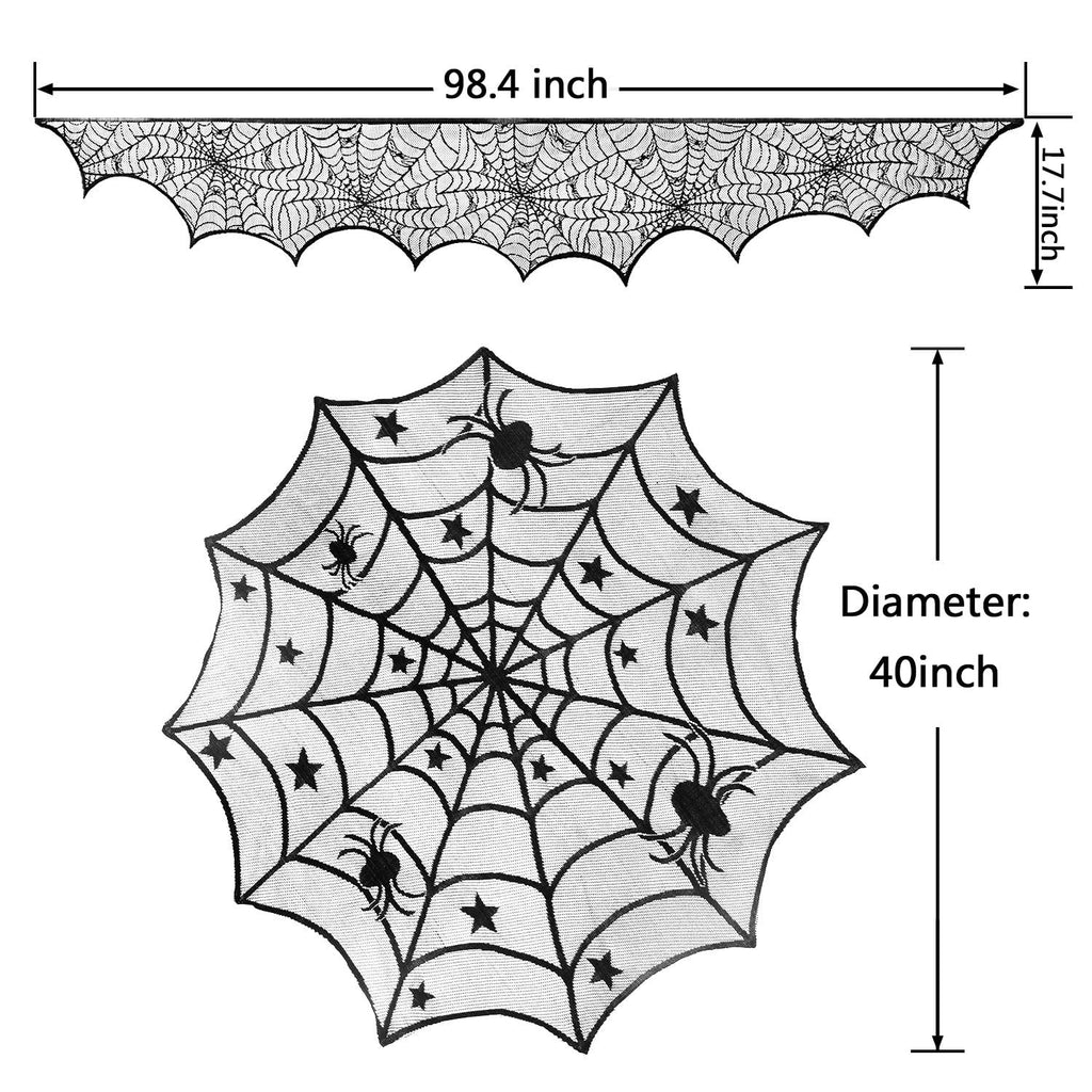 Round Lace Table Topper Black Spider Tablecloth and Fireplace Spider Decorations Lace Spiderweb Mantle Scarf Cover for Halloween Window, Dinner Party, Festival Party, Scary Movie Nights