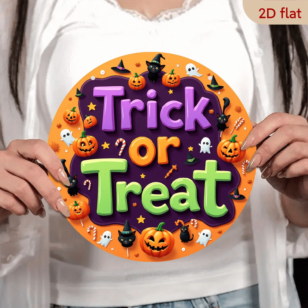 2D Flat, Halloween Round Aluminum Wall Sign - 8*8 Inch Trick or Treat Decor with Spooky Pumpkin,, Bat & Candy Corn Design - American-Style Holiday Season Decoration for Home, Kitchen, Garden, Office