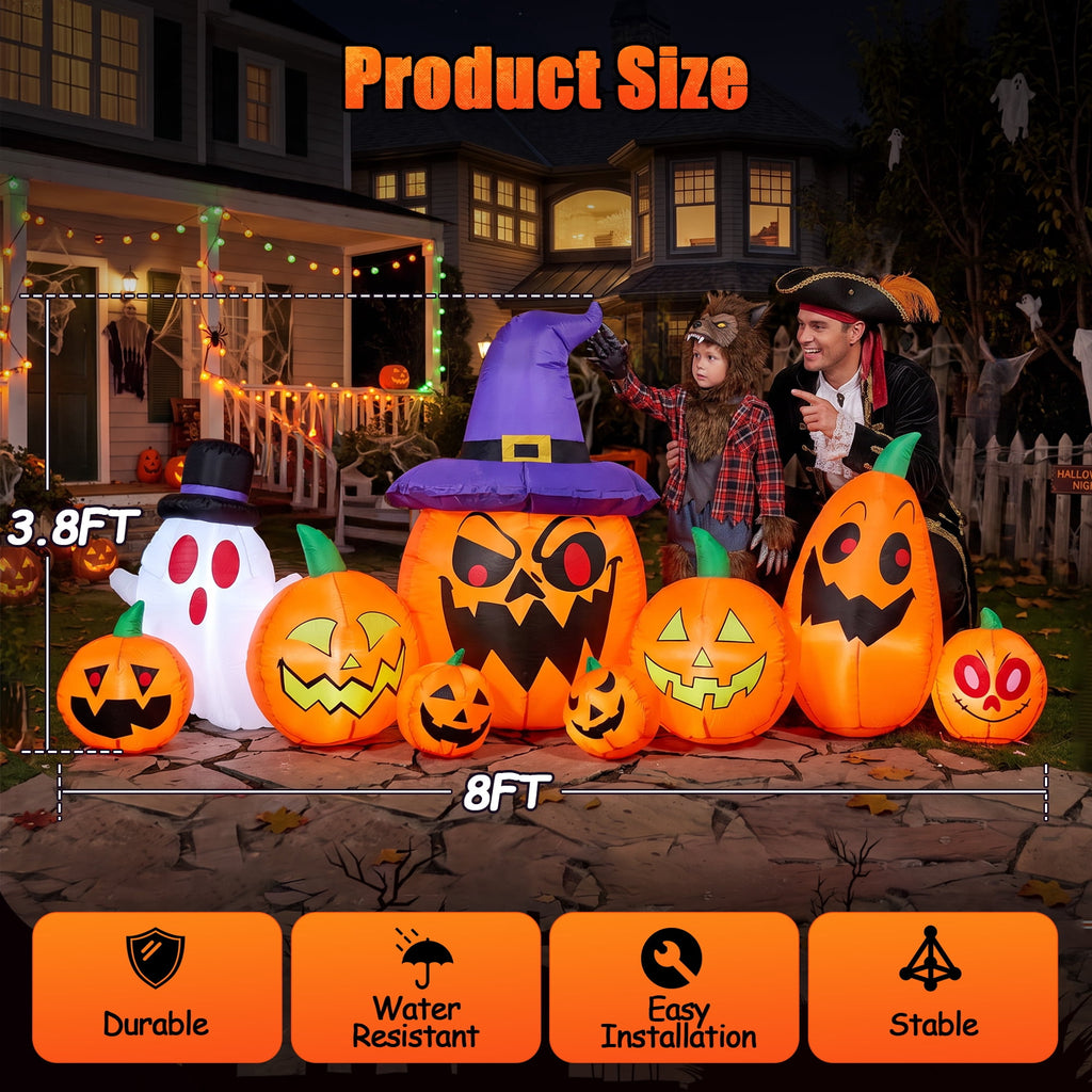 GVDV 8FT Halloween Inflatables Pumpkin Decorations with Witch Hat & Build-in LEDs, Halloween Blow Ups Indoor/Outdoor Decor for Party, Yard, Lawn