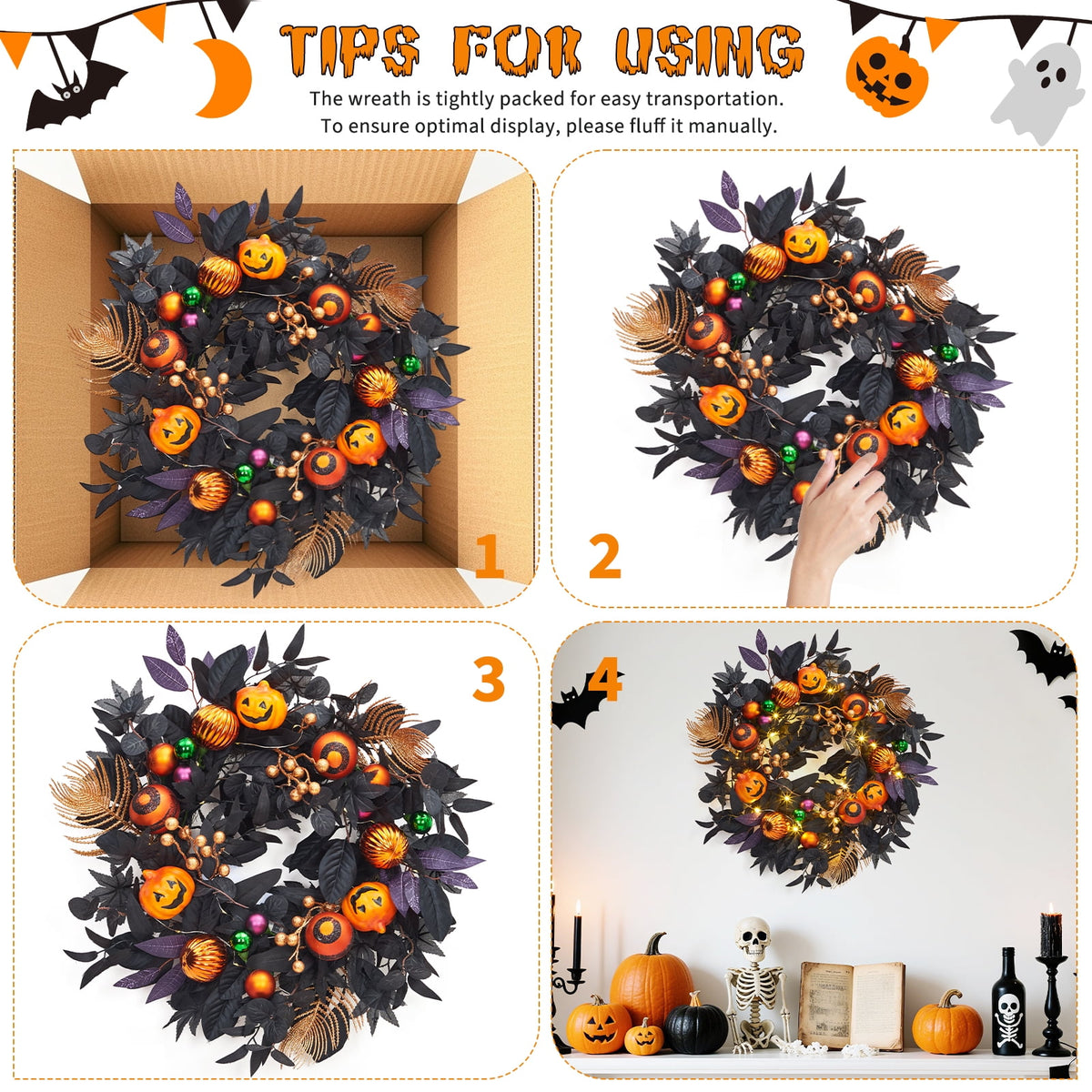 Halloween Wreath, Halloween Decorations Prelit Front Door Wreath for Indoor Wall Window Decor（18/20/22 Inch）