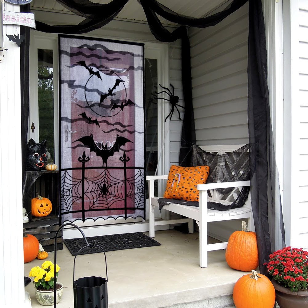 Coolmade 2pcs Black Halloween Lace Window Curtain, Spider Web Bats Door Curtain Panel Decor for Spooky Halloween Holiday Party Decoration, 40 x 84 Inch