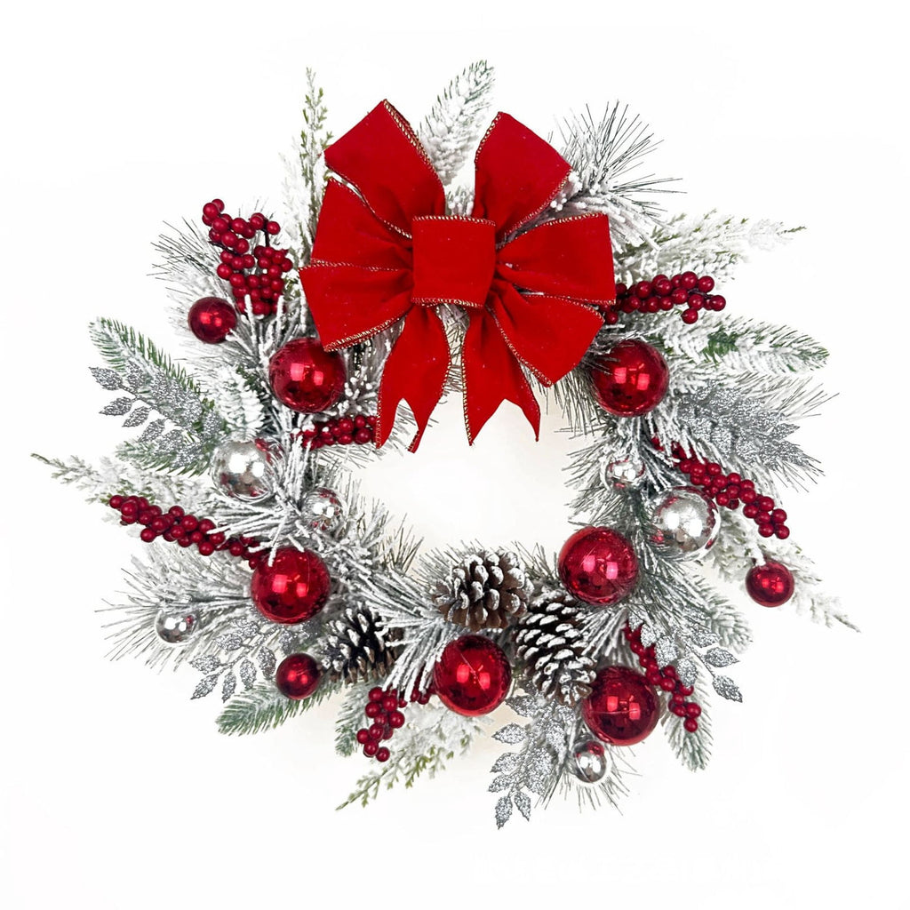 Opehuo Christmas Wreath Outdoor,Artificial Christmas Garland for Front Door with Red Flocking Bowknot,Pine Cones,Red Berries,Indoor and Outdoor Christmas Decorations(B)