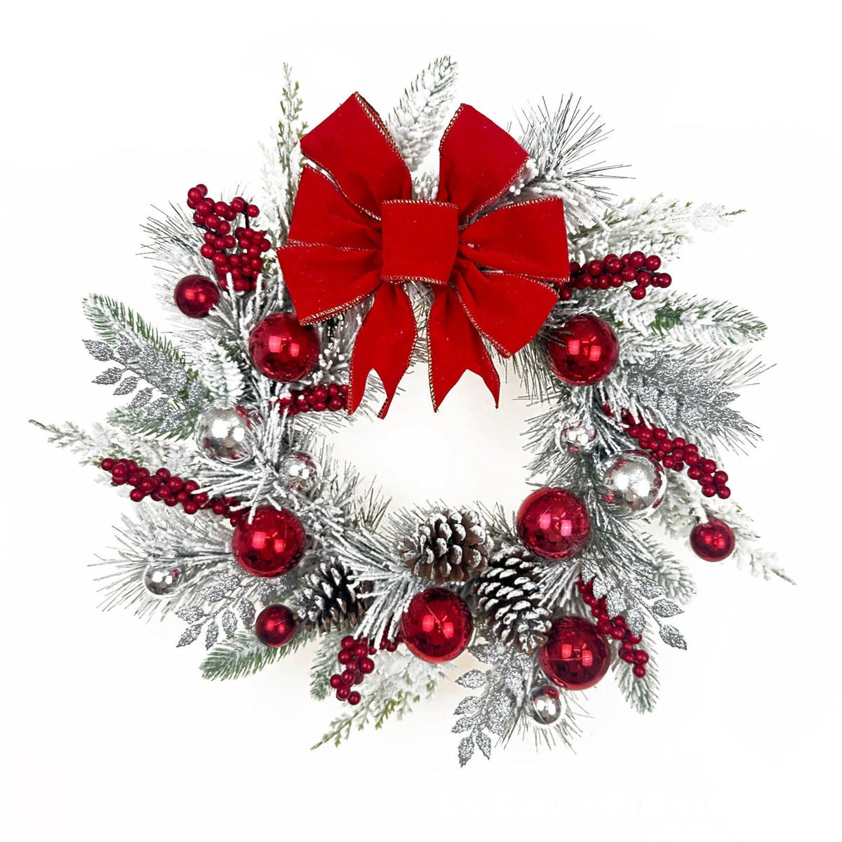 Opehuo Christmas Wreath Outdoor,Artificial Christmas Garland for Front Door with Red Flocking Bowknot,Pine Cones,Red Berries,Indoor and Outdoor Christmas Decorations(B)