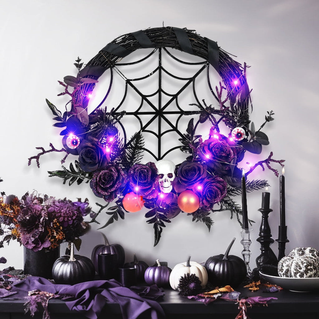 SDJMA Halloween Wreath Front Door Decoration, 18'' Artificial Skull Wreathhandmade Black Grapevine Wreath With Pumpkin Rose Spider, For Indoor Outdoor Home Halloween Party Decoration