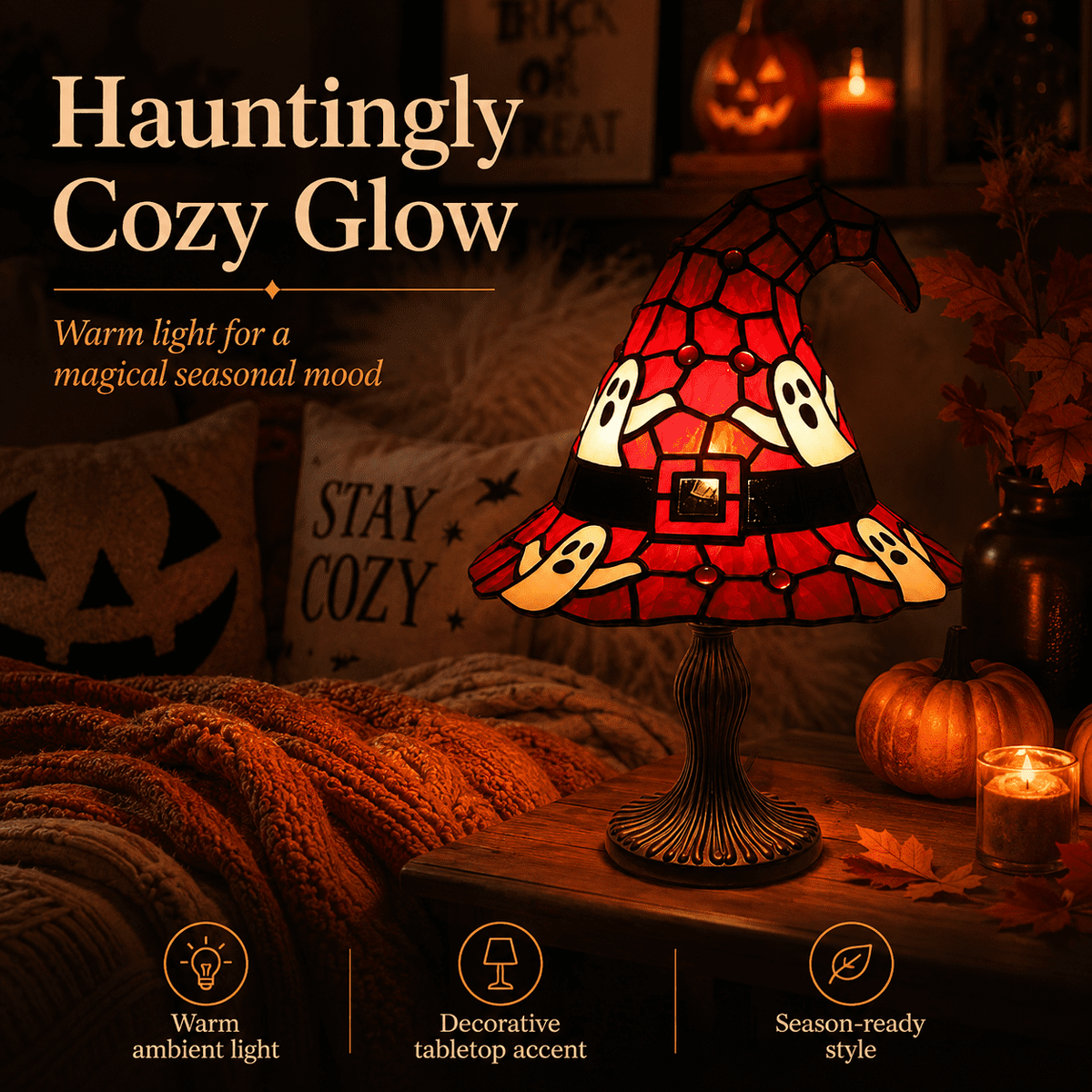 Diceymbol 11.81 Inch Halloween Ghost Night Light, Witch Hat Ghost Lamp with Jack O Lantern, Halloween Decorations Indoor for Table Mantel Party Decor