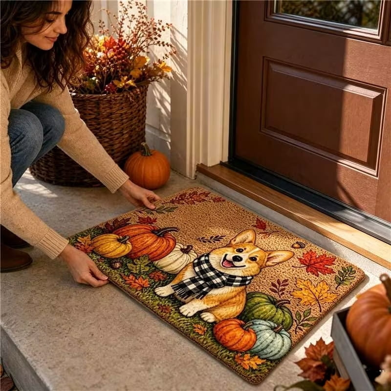 Fall Thanksgiving Welcome Doormat with Pumpkin Maple Leaf Design 15.75 x 23.62 Inch Crystal Velvet Seasonal Rug for Entryway Kitchen Home Decor