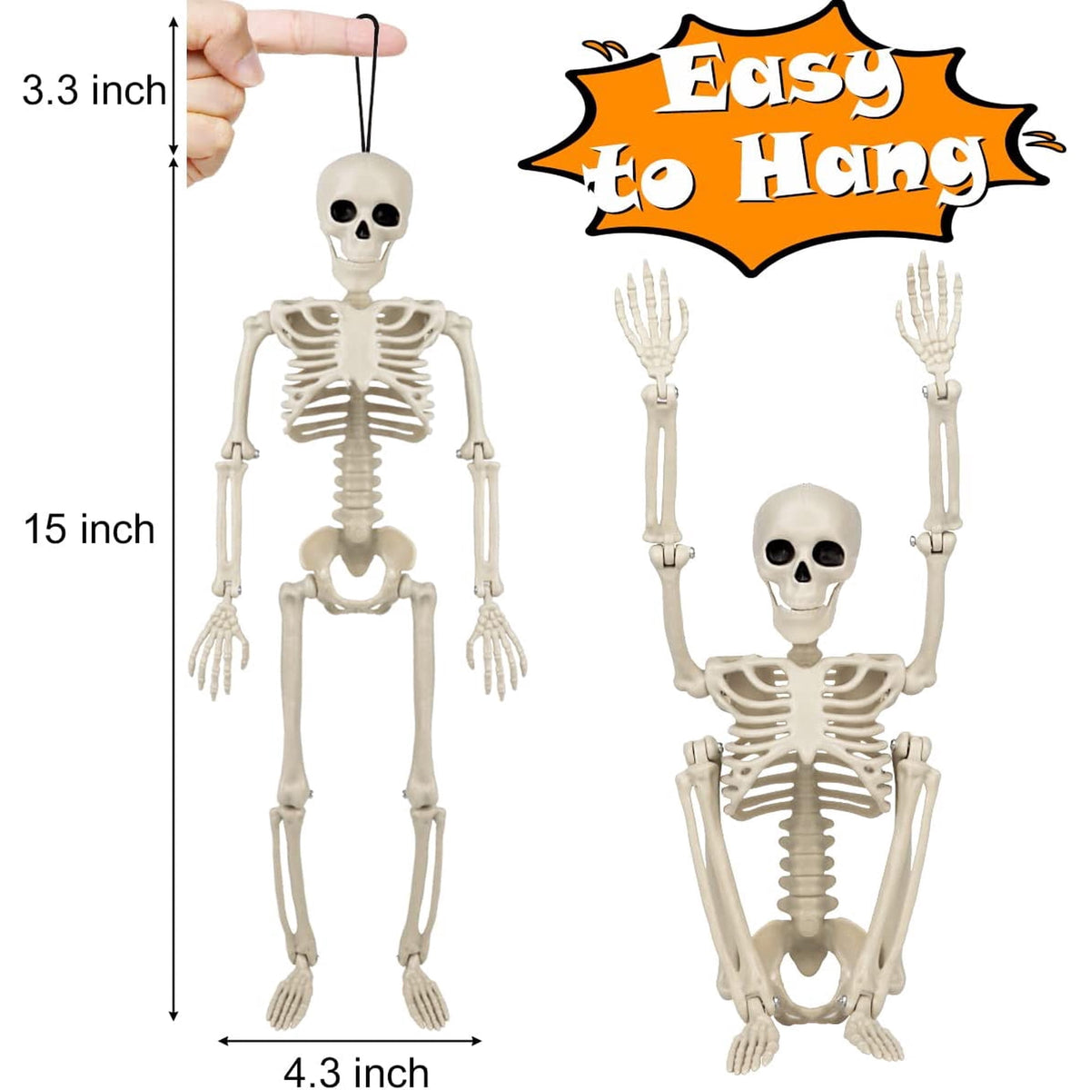 Fdyrgv 4 Pack 16" Posable Full Body Skeleton, Halloween Skeleton Decor with Movable Joints & Adjustable Jaw, Built-in Hanging String, Water Resistant Graveyard Haunted House Yard Décor