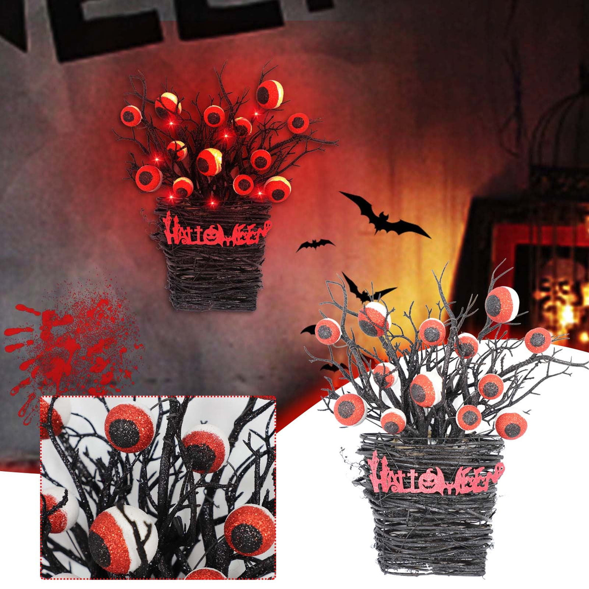 Halloween Wreaths for Front Door,Halloween Eyeball Wreaths LED Light Up Halloween Flower Basket Wreath Scary Vintage Halloween Wreaths for Home Door Wall Window Party Decorations
