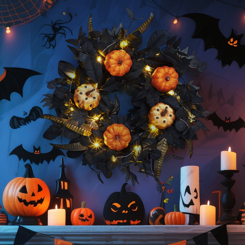 Festisoul Halloween Pumpkin Wreath for Front Door, 18'' Fall Wreath, Rattan Bottom Halloween Indoor Outdoor Decorations for Home, Party, Fireplace