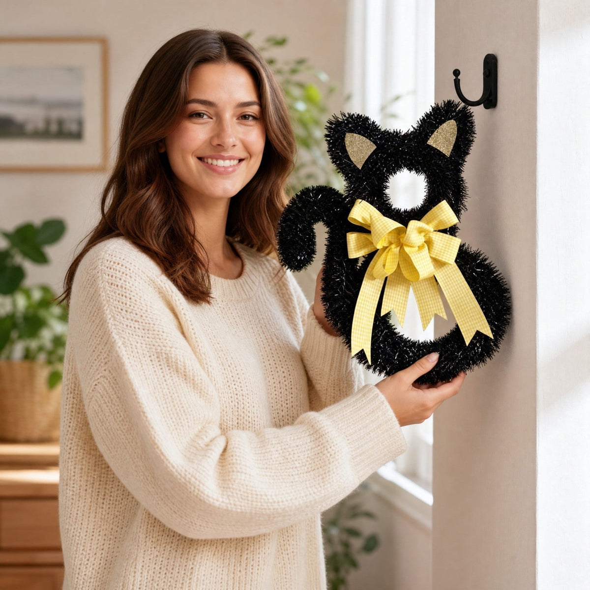 Halloween Black Cat Door Wreath, 15.75 Inch Kitty Shaped Hanging Decor with Yellow Checkered Bow, Fall Front Door Porch Wall Decoration