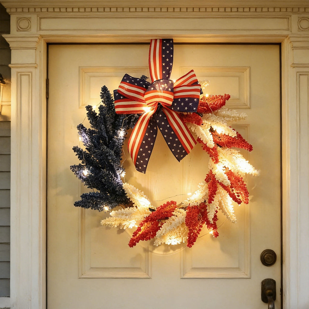 AZXY 20 Inch 4th of July Patriotic Wreath, Red White Blue Mesh Wreath with American Flag Star & Stripe Ribbons, Patriotic Americana Decor for Independence Day Memorial Day Front Door Indoor Outdoor