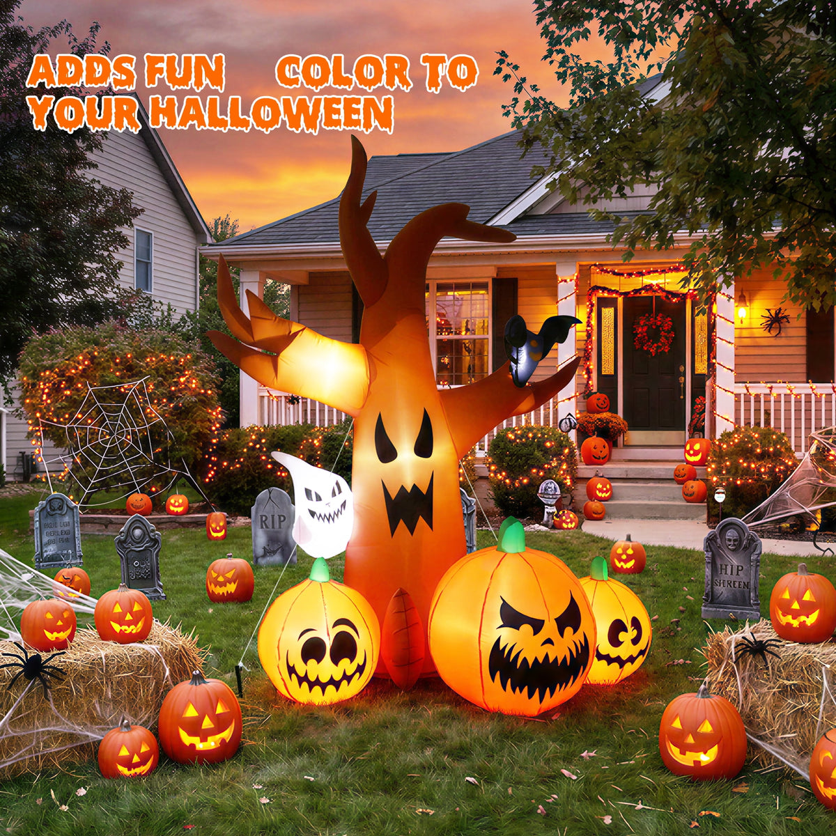 MAGOTAN 8 ft Halloween Inflatable Pumpkin Halloween Inflatable Pumpkins Ghost Tombstone Outdoor Yard Decoration Build-in 7 LED White Lights