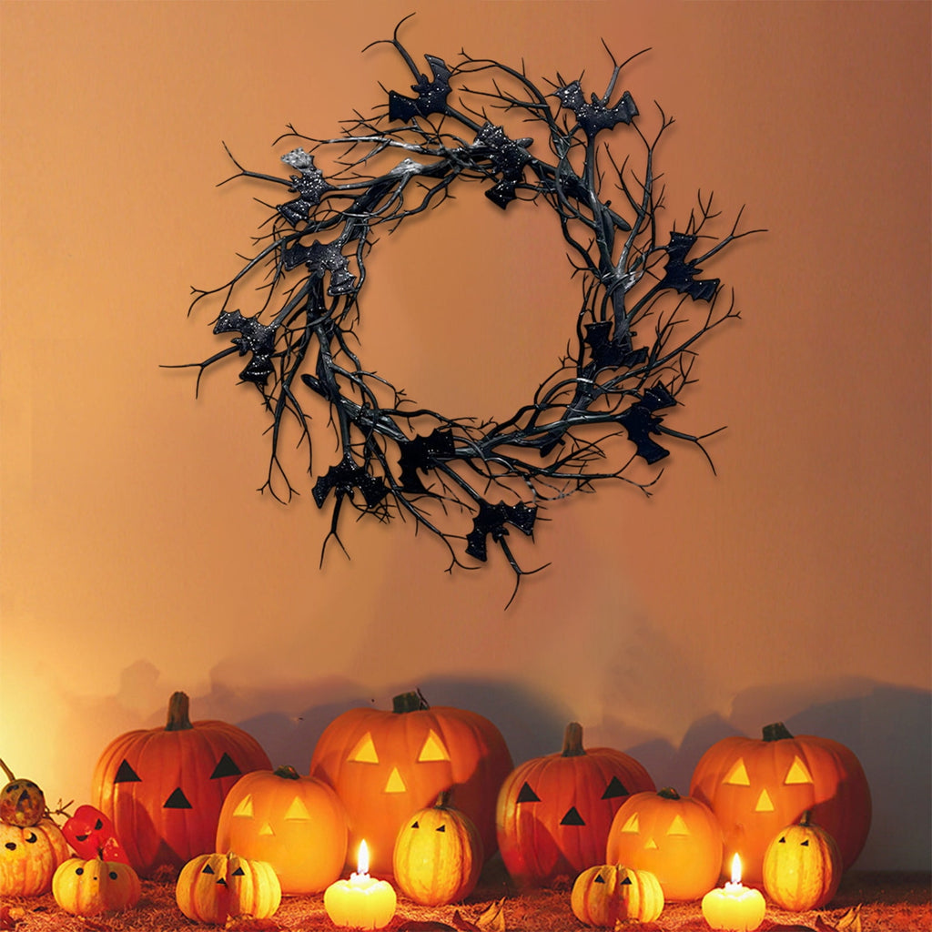 WWC Halloween Wreath, 18 inch Black Bats and Bare Branch Wreath, Gothic Halloween Decor Twig Wreath for Halloween Party Front Door Porch and Fireplace