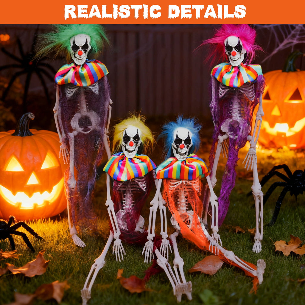 Fun Little Toys 15.7 Inches 4 Packs Halloween Scary Circus Clown Skeleton Hanging Ghost Skeleton in Clothes, Outdoor Indoor Yard Patio House Decor