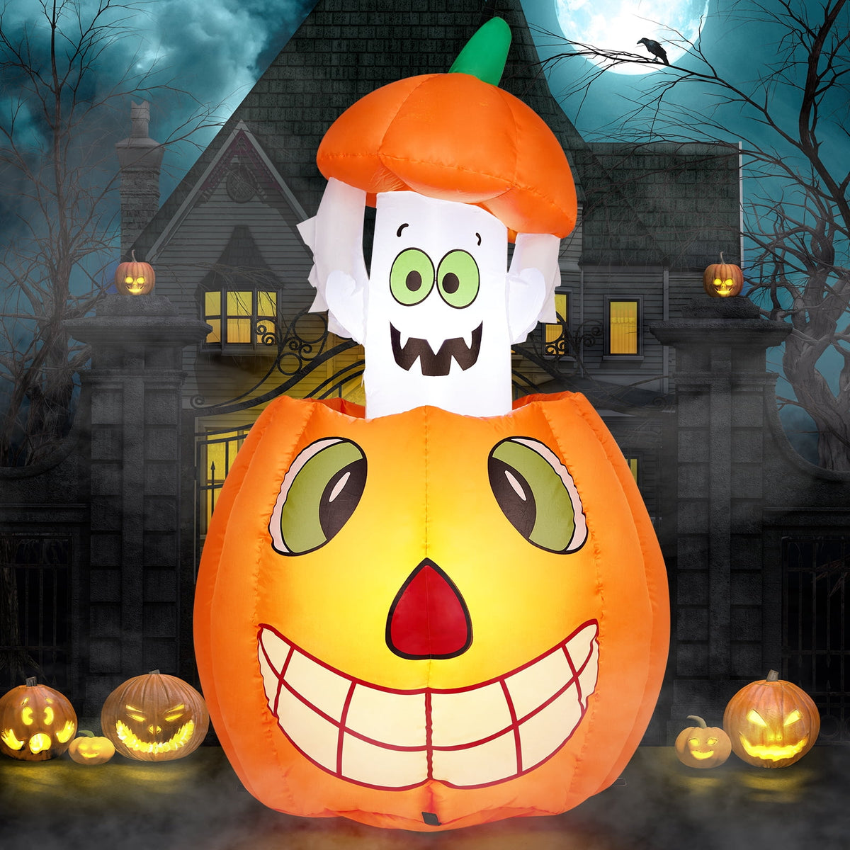 UBesGoo 2.8' Halloween Inflatables Animated Pumpkin Ghost, Outdoor Decorations Blow Up Yard Decor Built-in LEDs for Indoor Party Garden Lawn Decor
