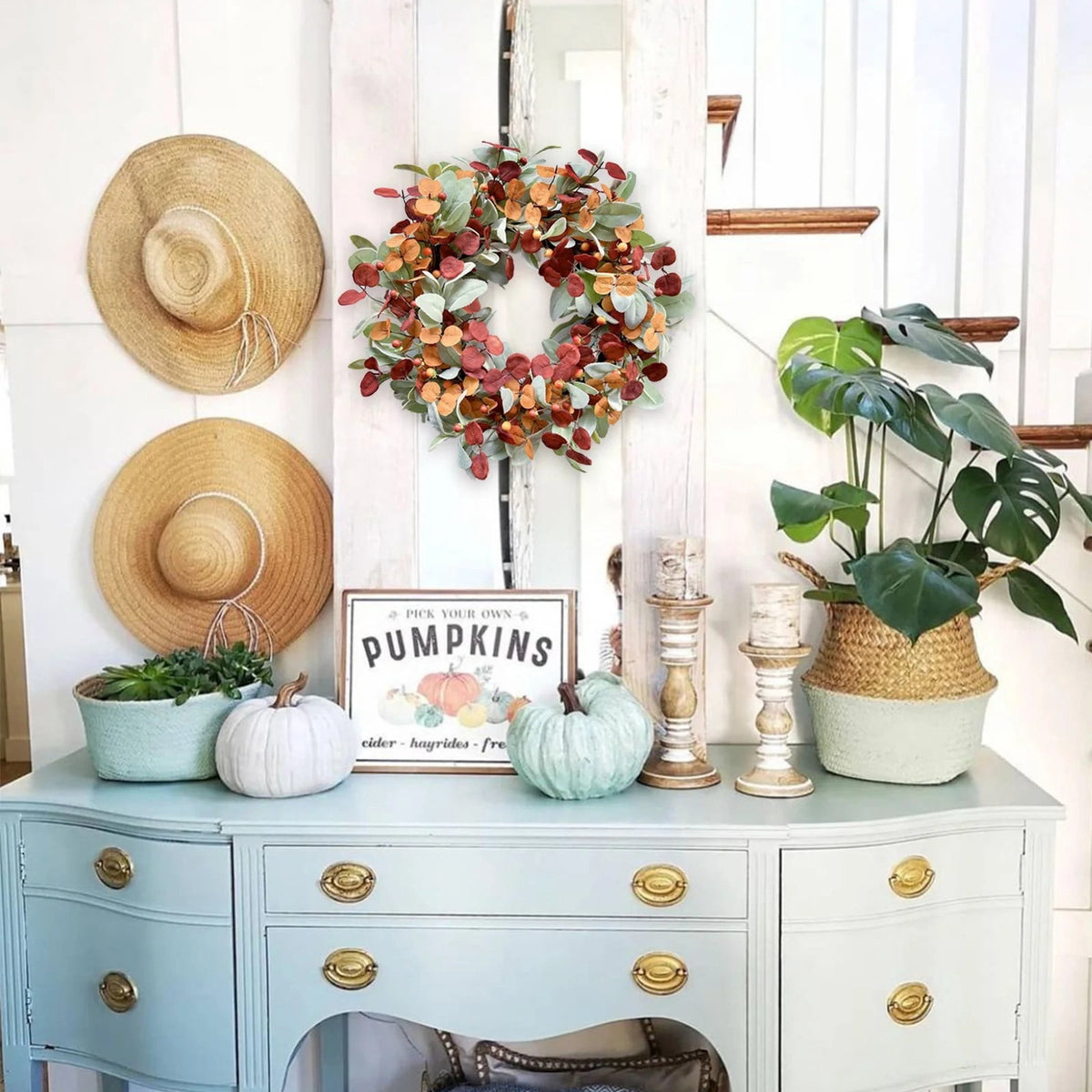 Fall Wreaths for Front Door, Farmhouse Autumn Wreath with Pumpkin Decorations, Fall Door Wreath Outdoor Indoor Thanksgiving Harvest Fall Decor