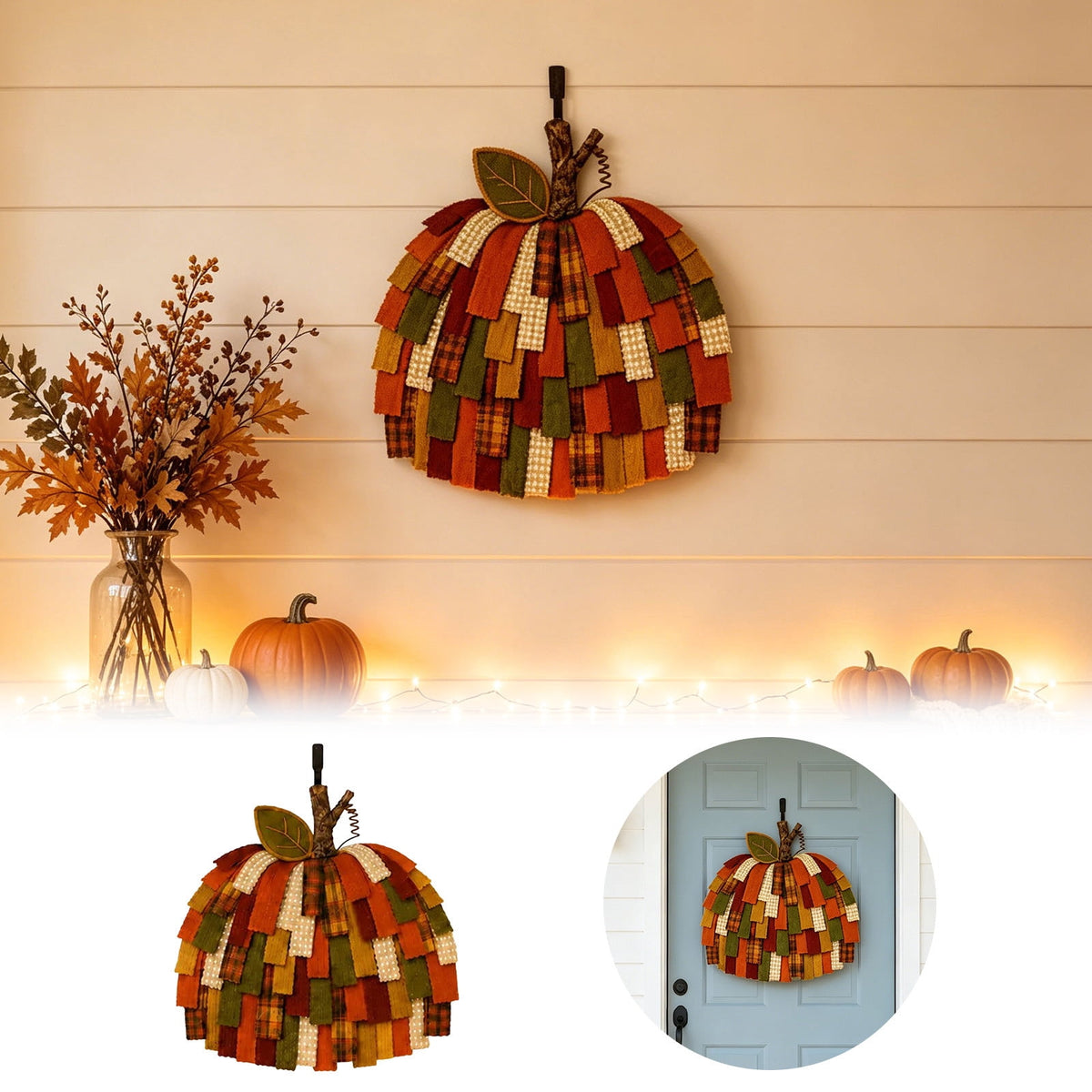 Patchwork Pumpkin Door Hanger Fall Layered Fabric Front Door Wreath Farmhouse Autumn Wall Hanging Decor for Home Porch Courtyard Harvest Festival Thanksgiving Halloween