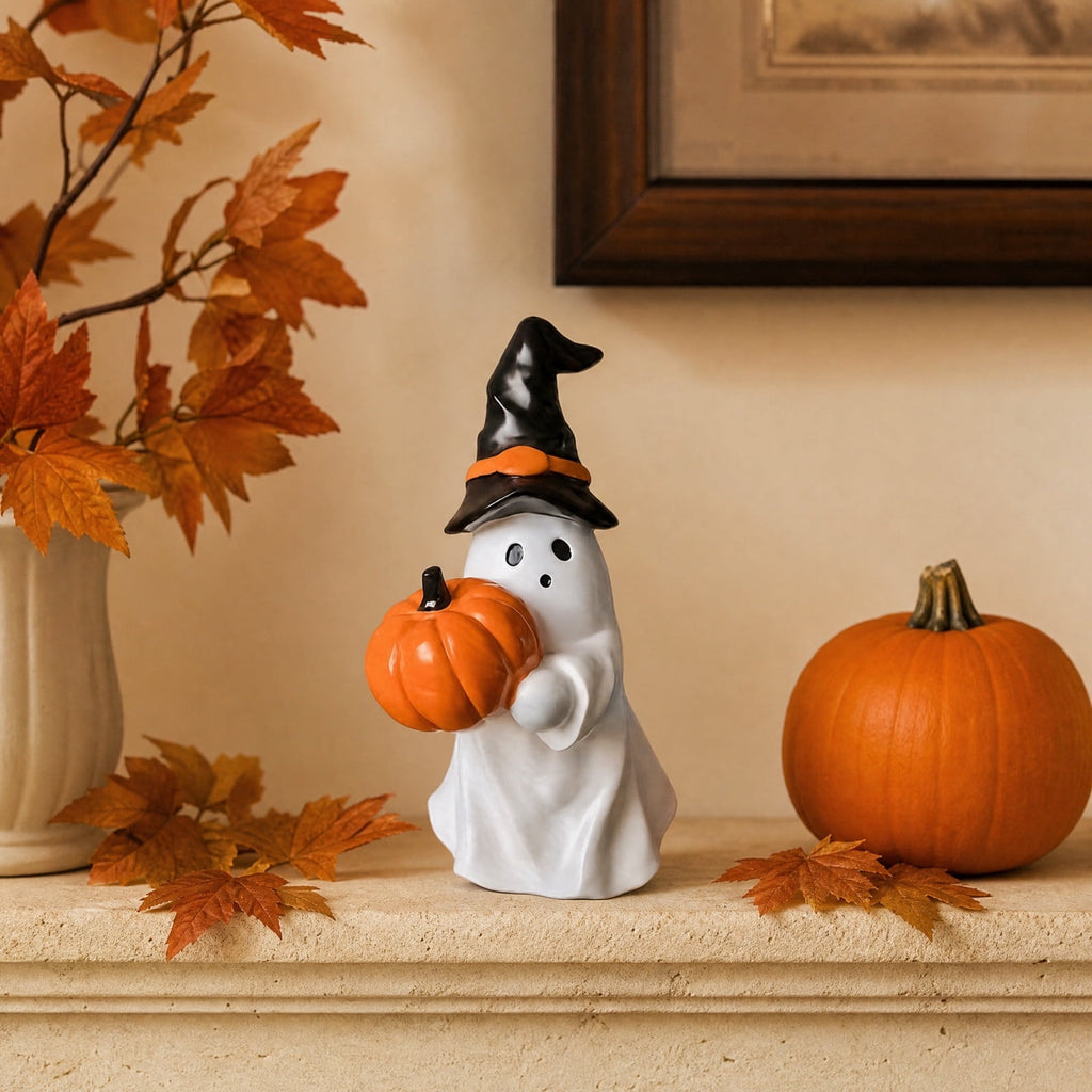 Halloween Ghost Figurine, Ghost Girl with Pink Bow & Hot Drink, Funny Ghost Statue Halloween Decor for Gift, Cute Spooky Tabletop Ornament for Home, Mantle, Desk & Party Decoration