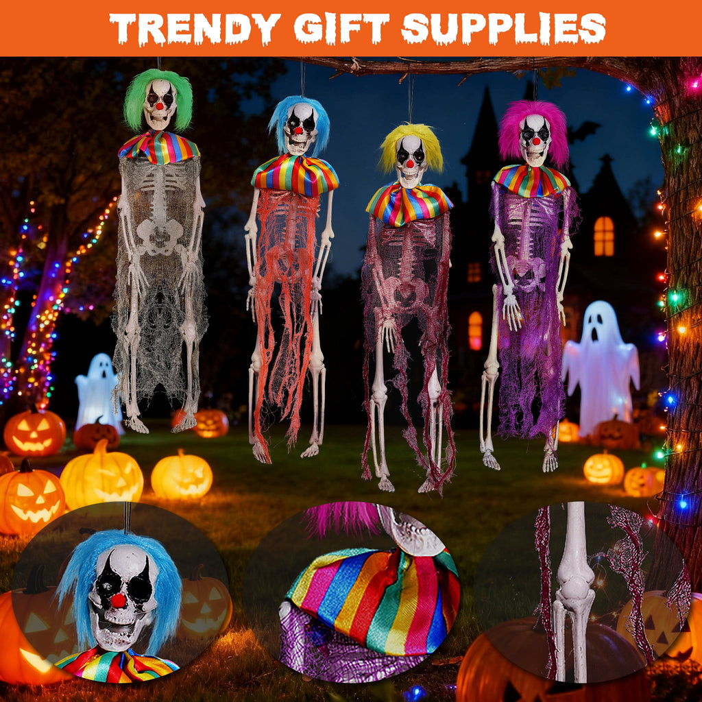 Fun Little Toys 15.7 Inches 4 Packs Halloween Scary Circus Clown Skeleton Hanging Ghost Skeleton in Clothes, Outdoor Indoor Yard Patio House Decor