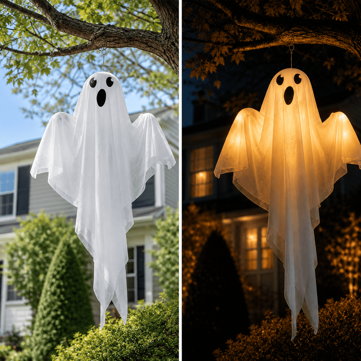 Clearance Light Up Hanging Ghost Decor, White Gauze Ghost Ornament with Blue LED Lights, Halloween Hanging Decoration for Front Door Porch Yard Tree Party Indoor Outdoor