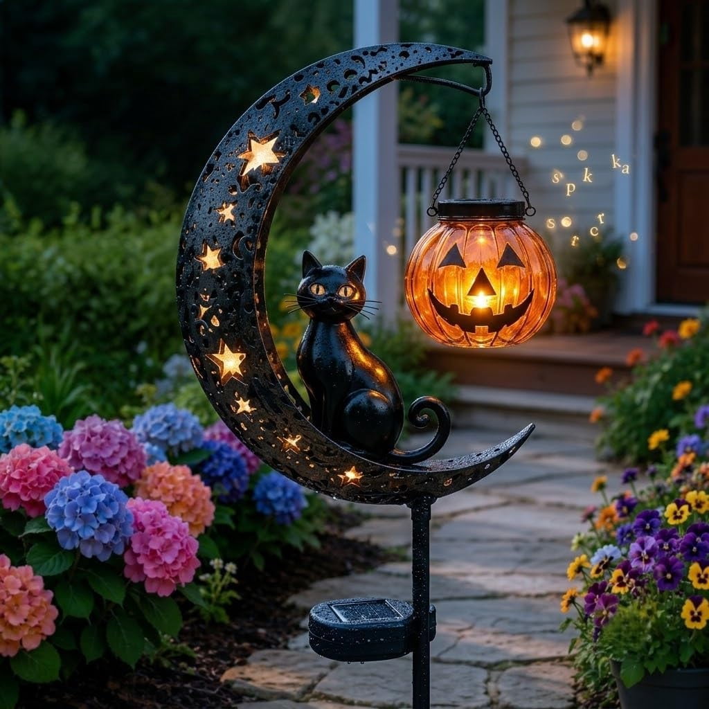 Clearance Halloween Solar Black Cat & Pumpkin Moon Garden Stake Light, Outdoor Waterproof LED Yard Decoration with Crescent Moon, Hanging Jack-o'-Lantern Lantern for Garden, Patio, Walkway, Porch