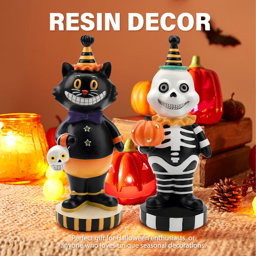 Ayieyill 2pcs Halloween Cat and Skeleton Figurines Vintage Halloween Black Cat Decor Halloween Table Decorations