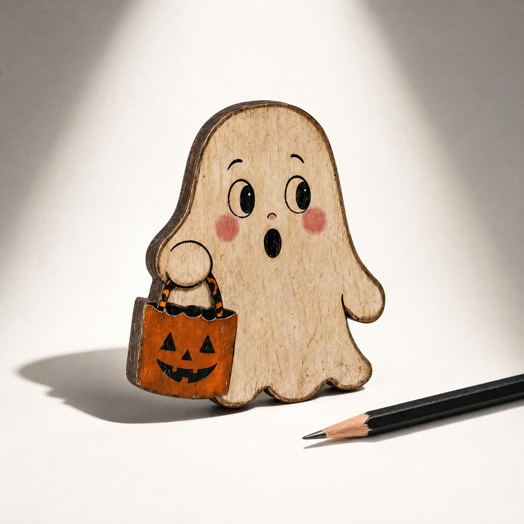 SLYNSHome Vintage Wooden Ghost Tabletop Figurine, Ghost With Pumpkin Bucket Decor, Farmhouse Shelf Mantel Ornament For Halloween Indoor Home Holiday Party Atmosphere Decoration