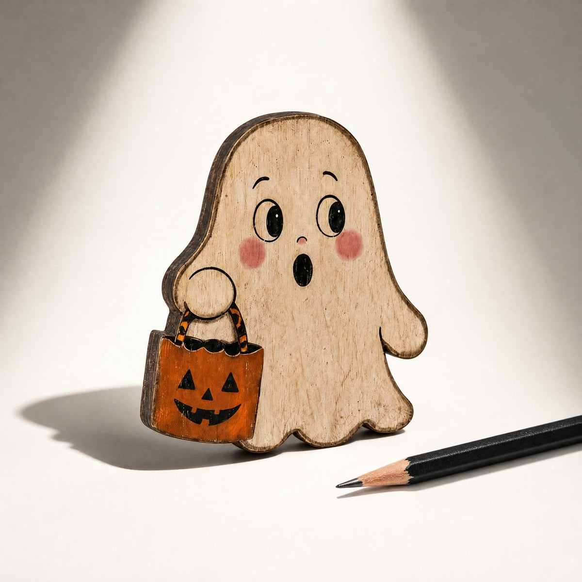SLYNSHome Vintage Wooden Ghost Tabletop Figurine, Ghost With Pumpkin Bucket Decor, Farmhouse Shelf Mantel Ornament For Halloween Indoor Home Holiday Party Atmosphere Decoration
