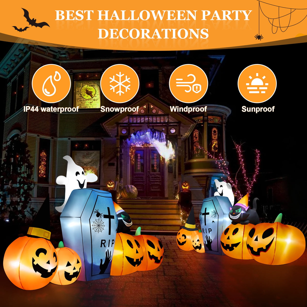 Yexmas 10ft Halloween Inflatable Pumpkins Outdoor Decor with Black Cat Tombstone and Spectre,Built-in LED Lights,for Halloween Party,Yard,Garden,Lawn