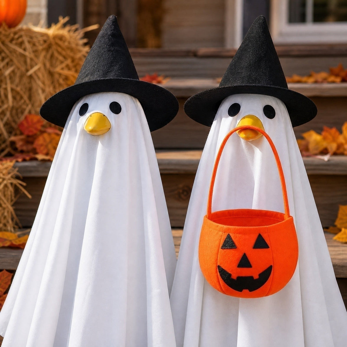 Halloween Ghost Porch Goose Outfit Fits 23 Inch Cement Lawn Goose Statue Pumpkin Face Ghost Costume with Matching Witch Hat for Fall Outdoor Garden Yard Patio Holiday Decor