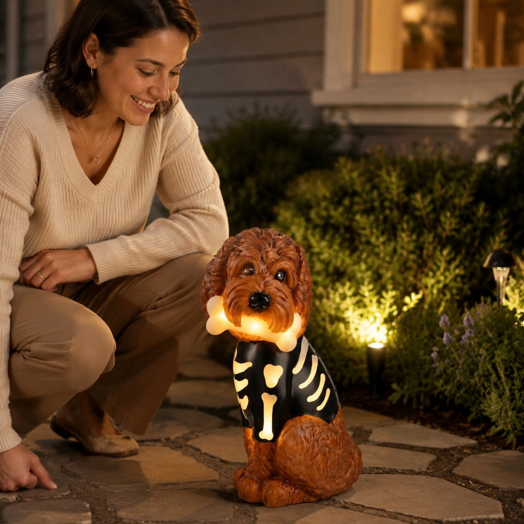 Clearance! Halloween Light‑Up Dog Figurine, 7.9in Scarecrow Dog Statue with Glowing Pumpkin, Waterproof Resin Table Yard Decor