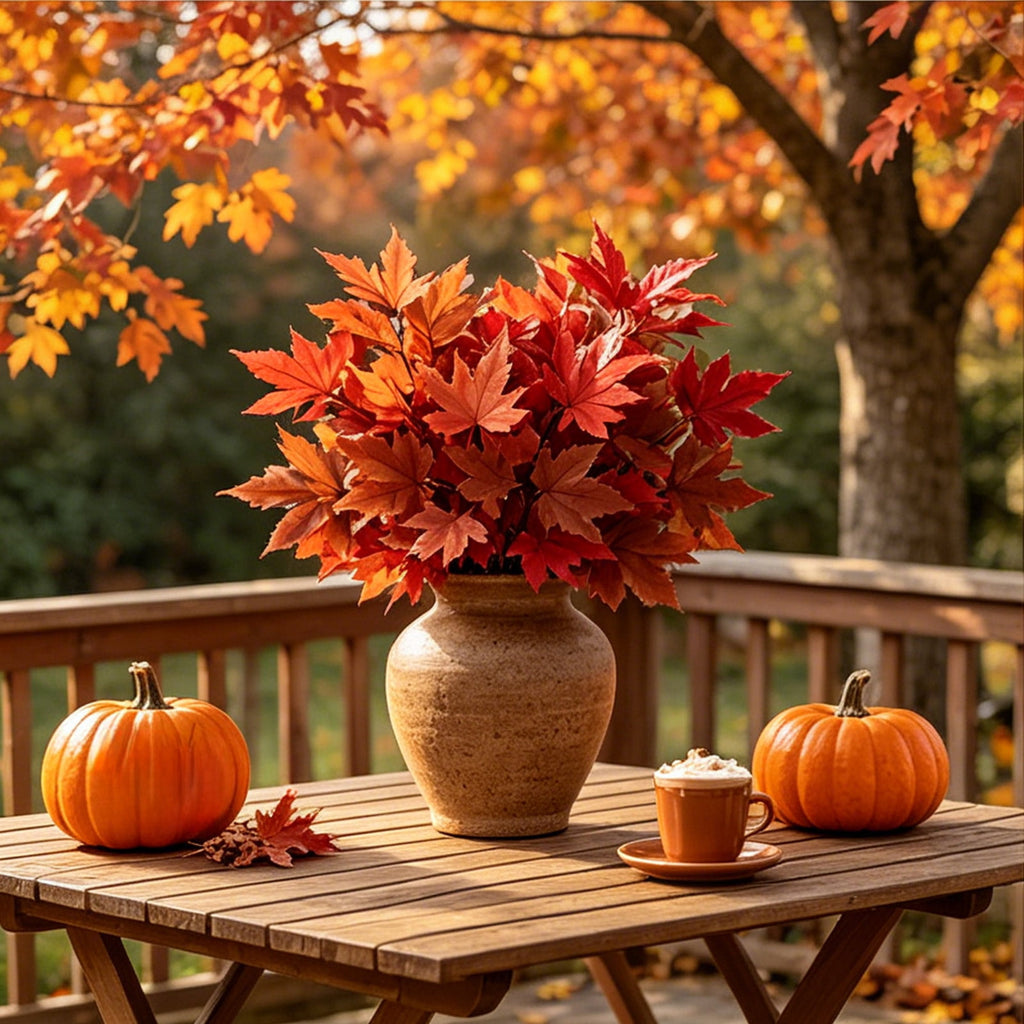 SPOORYYO 2Pcs Fall Maple Leaves Stems for Vase, Artificial Autumn Fake Leaves Decor, Maple Leaf Bushes Shrubs for Thanksgiving Halloween Home Farmhouse Table Centerpiece, 12.99" x 7.87"