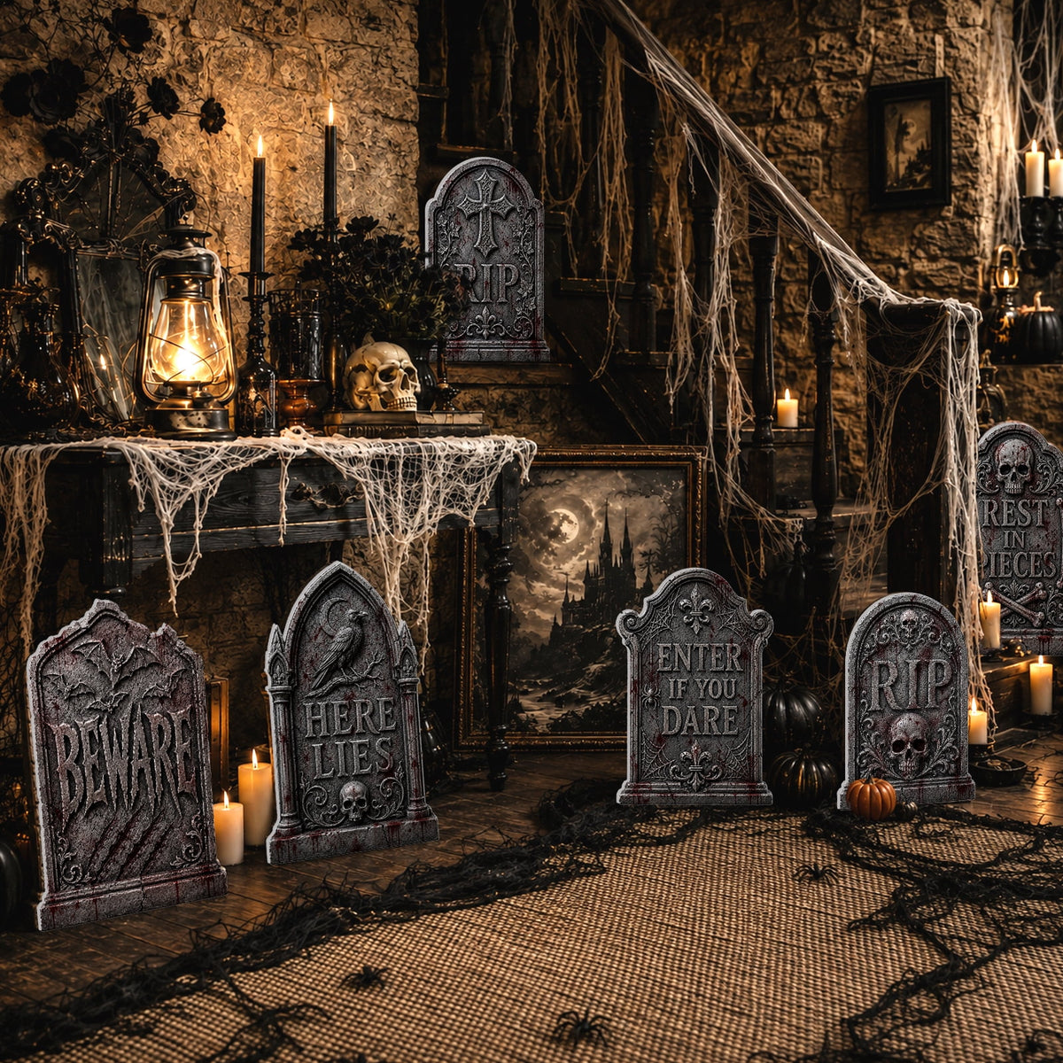 Yalumo Halloween Tombstones Decor, 6 Pack 17 Inch Plastic Halloween Gravestone Yard Signs with Stakes, Spooky Tombstones for Yard, Lawn, Porch & Outdoor Party Decor
