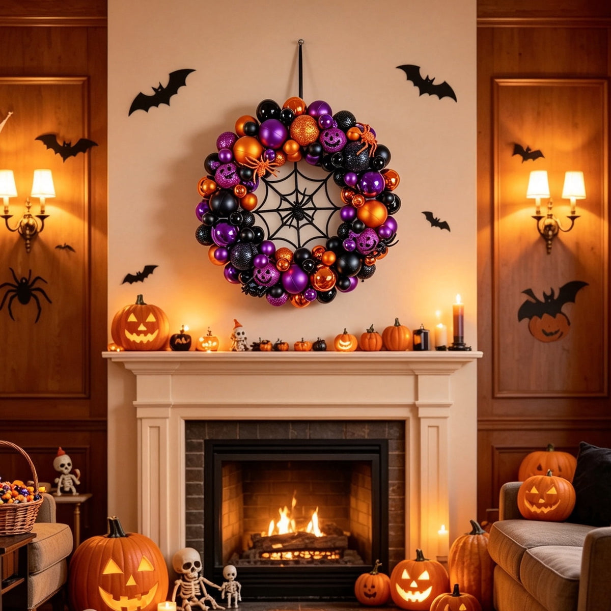 Godance 16 Inch Purple Halloween Spider Ball Wreath for Front Door, Halloween Treat-or-Trick Door Wreath Plastic Ball Ornament for Halloween Indoor Decorations Centerpiece Party Holiday Wall Decor