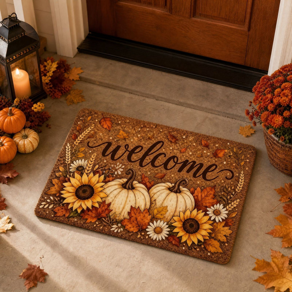 Fall Thanksgiving Welcome Doormat with Pumpkin Maple Leaf Design 15.75 x 23.62 Inch Crystal Velvet Seasonal Rug for Entryway Kitchen Home Decor