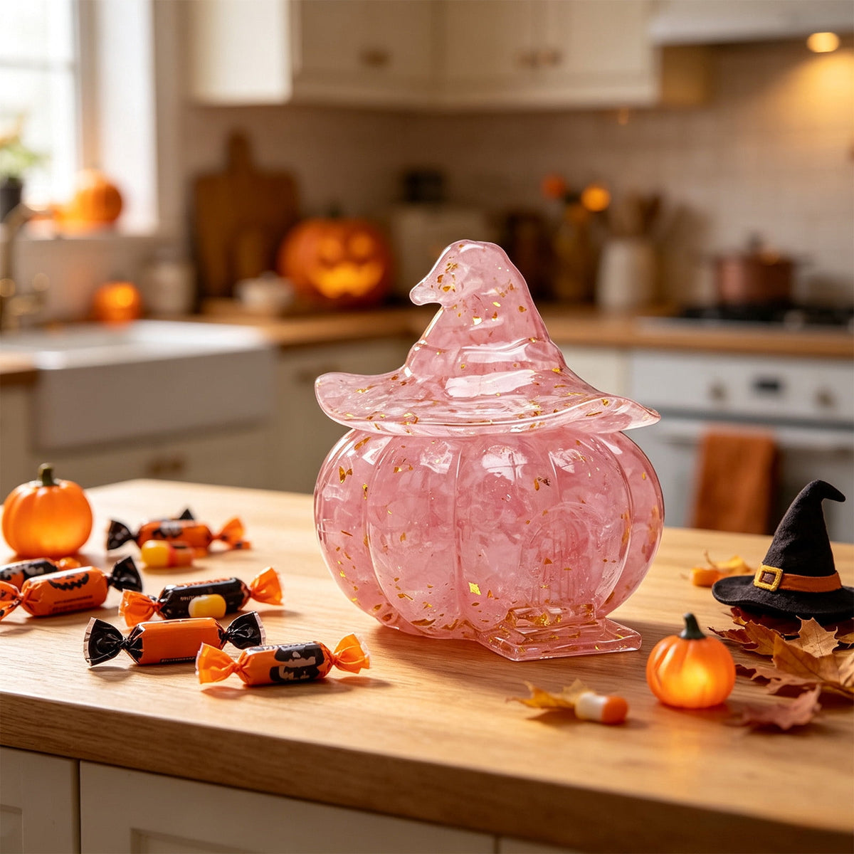 Halloween Pumpkin Candy Bowl with Lid, Decorative Plastic Treat Jar with Crushed Stone Look for Candy Serving and Seasonal Table Display, Reusable Spooky Home Accent, Home Decor, Brown