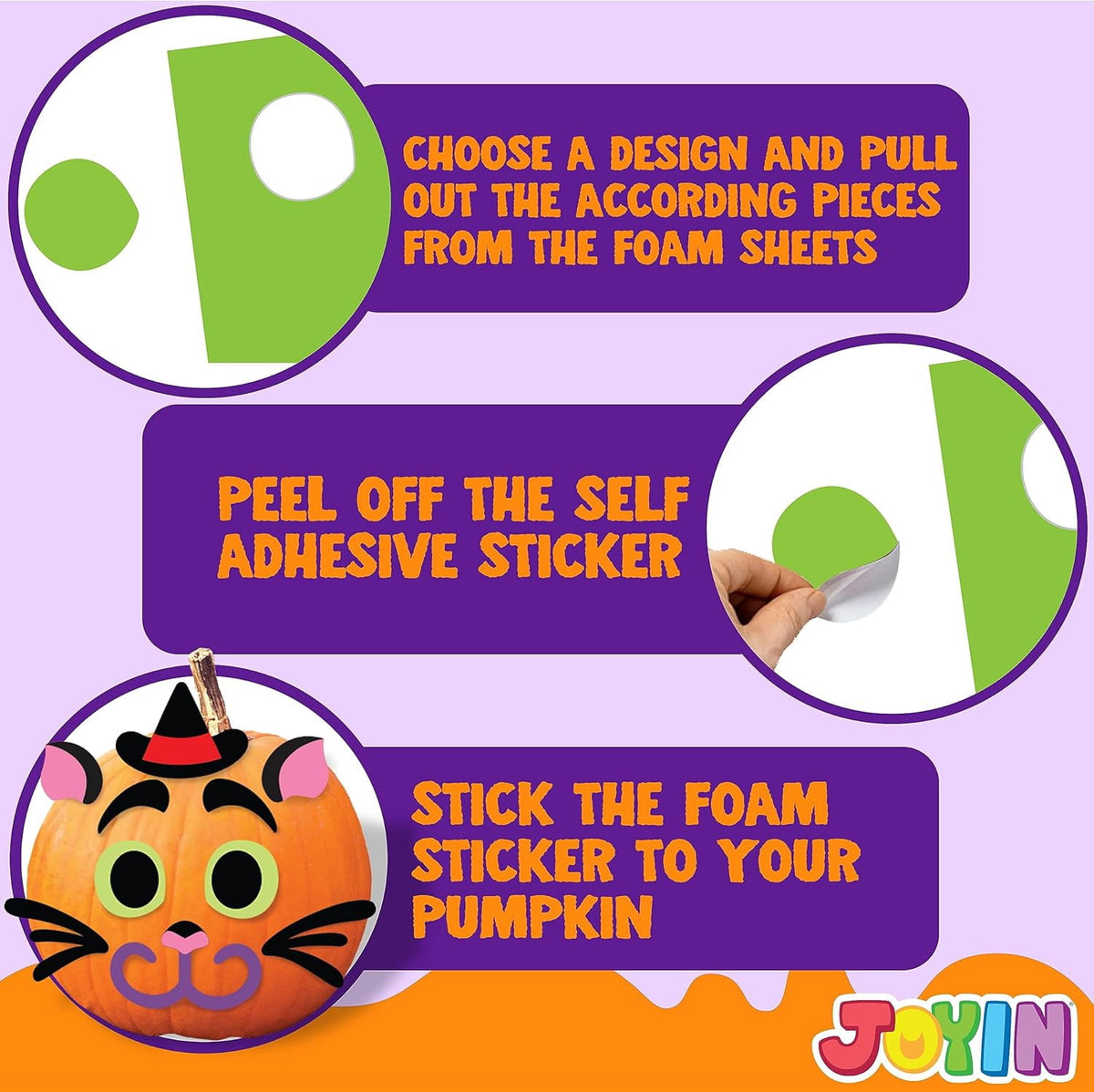 Joyfy 16 Faces Halloween Pumpkin Decorations Stickers Foam Craft Kit, 18 Sheets 16 Designs Halloween Party Favors for Kids, Party Supplies Arts Activities, Jack O Lantern Face Sticker School Gifts