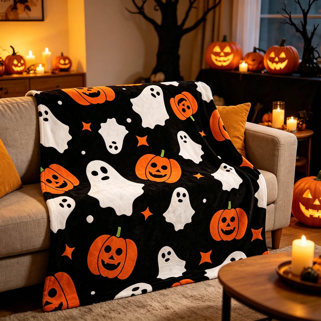 Halloween blanket,Halloween Print Throw Blanket Flannel Soft Cozy Decorative Nap Blanket with Ghost Pumpkin Skull for Office Bedroom Sofa Camping Travel(100x150cm/39x59 Inch),Black
