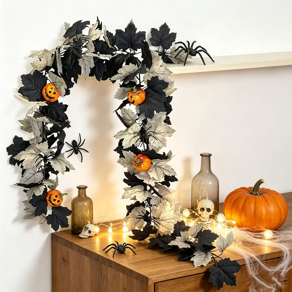Chmadoxn 78.74" Halloween Thanksgiving Maple Leaf Garland with Mini Pumpkins & Berries, Artificial Fall Leaves Vine for Mantel Staircase Porch, Autumn Harvest Hanging Home Decor