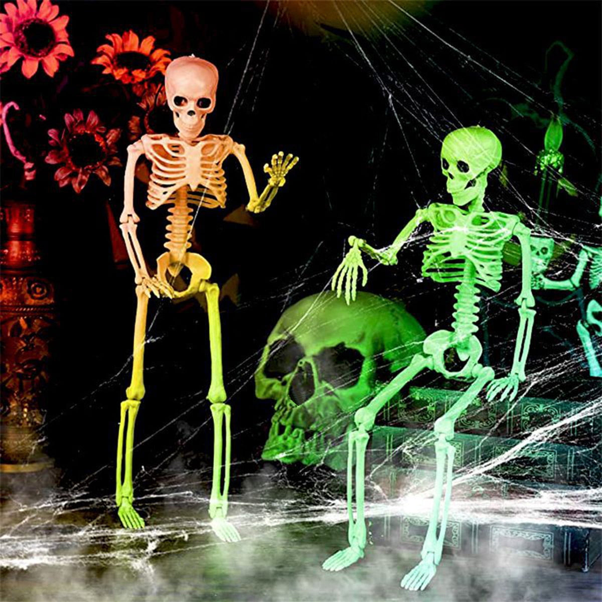 Beautynvta Posable Halloween Skeletons Decor, 15''x4.7'' Small Hanging Skeleton with Movable Joints for Halloween Decorations, Graveyard Props