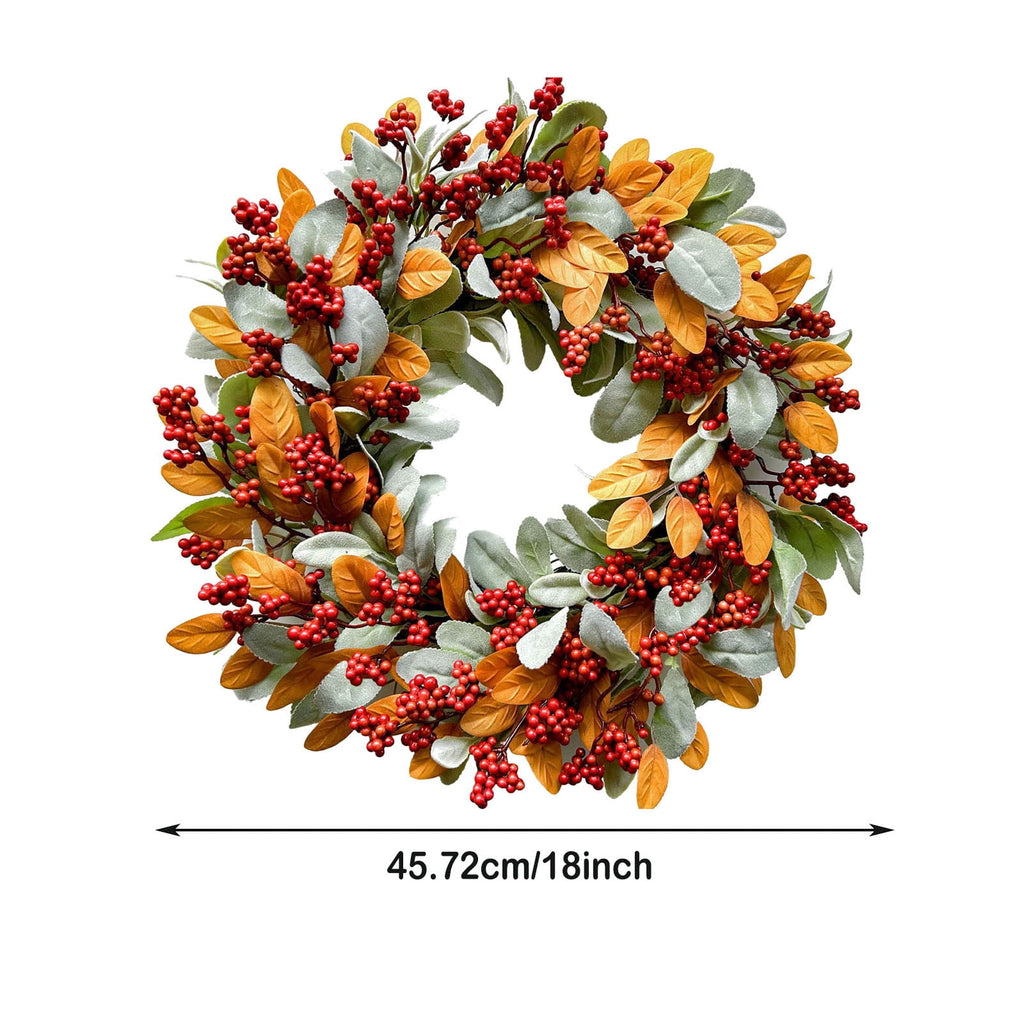 18 Inch Autumn Wreath for Front Door with Lamb Ear Leaves and Red Berries Artificial Fall Decor for Thanksgiving Halloween Harvest Festival Farmhouse Home Outdoor Indoor Window Wall Decorations