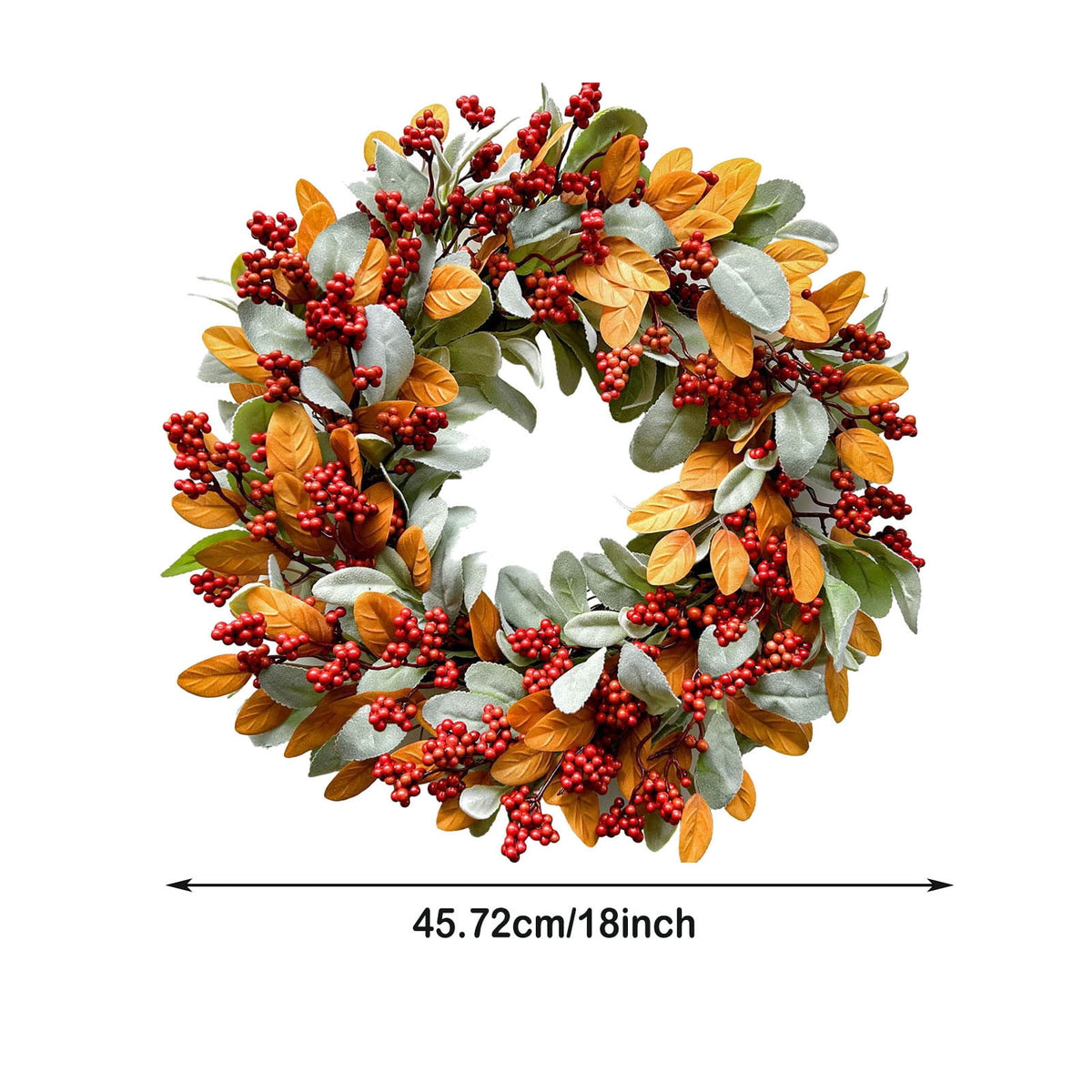 18 Inch Autumn Wreath for Front Door with Lamb Ear Leaves and Red Berries Artificial Fall Decor for Thanksgiving Halloween Harvest Festival Farmhouse Home Outdoor Indoor Window Wall Decorations