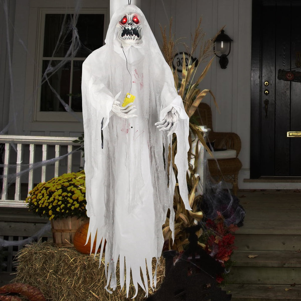 Gamexcel 5.7 ft Halloween Hanging Grim Reaper, Black Skeleton Ghost with Sensor-Activated LED Eyes and Sound, Indoor and Covered Outdoor Decor