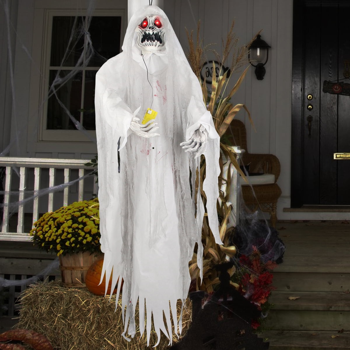 Gamexcel 5.7 ft Halloween Hanging Grim Reaper, Black Skeleton Ghost with Sensor-Activated LED Eyes and Sound, Indoor and Covered Outdoor Decor