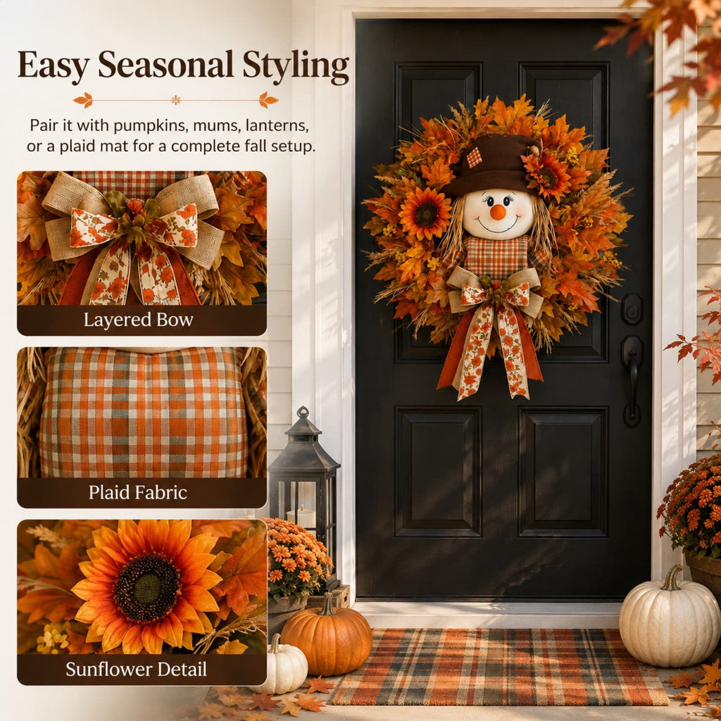 ICQOVD Halloween Pumpkin Maple Leaf Wreath with Skeleton Ornament Orange Black Bow Front Door Hanging Fall Home Decoration 15.75*15.75*3.15IN