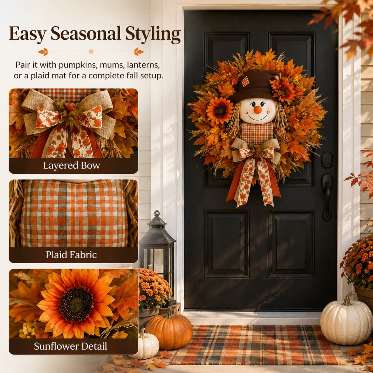 ICQOVD Halloween Pumpkin Maple Leaf Wreath with Skeleton Ornament Orange Black Bow Front Door Hanging Fall Home Decoration 15.75*15.75*3.15IN